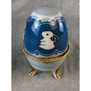 Porcelain Egg Trinket Box Tri Footed Rabbit Bunny Blue White Gold Easter Vtg